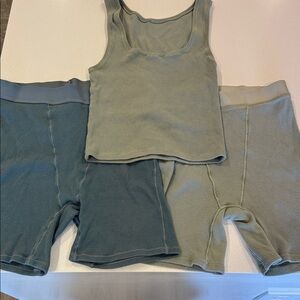 Women's Ribbed Tank and Shorts Set - Green and Blue